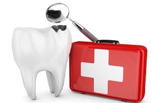 decayed tooth with first aid kit and dental mirror 